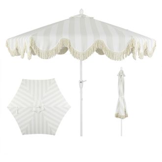 Jonathan Y Designs Collins 9 ft. Classic Cottage Fringe Tassel Market Patio Umbrella with Auto-Tilt Crank in Light Gray - White Pole at Nordstrom