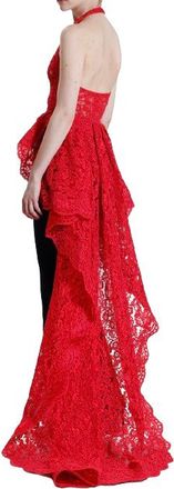 Reem Acra Red Lace Halter-neck Top with Train Size M