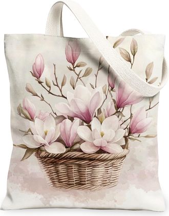 Generic Spring Magnolia Flower Canvas Tote Bag for Shopping 13x15, Cute Watercolor Floral Reusable Grocery Print Bag for Women, Garden Flower Beach Aesthetic 