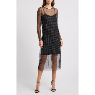 Halogen Crystal Detail Long Sleeve Mesh Overlay Midi Dress in Rich Black at Nordstrom Rack, Size Small