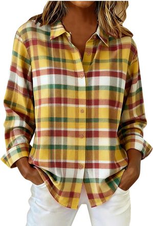 Generic Womens Classic Plaid Shirts Cotton Long Sleeve Button Down Flannel Checked Blouse Loose Oversized Casual Check Tops Ladies Lightweight Shirt for Sprin