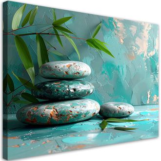 Feeby Cuadro En Lienzo, Piedras Zen Spa Hojas Sobre Fondo Turquesa, 120x80