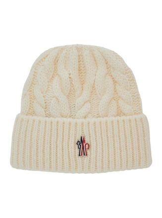 Moncler White Cable Knit Beanie Cap
