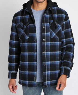 Jachs NY Wool Blend Hooded Jacket In Navy Plaid