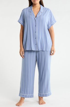 Nordstrom Moonlight Eco Crop Pajamas in Blue T- White Calm Pinstripe at Nordstrom, Size 1X