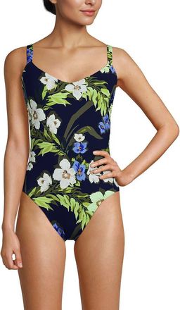 Lands End V-Neck High Leg Strappy Back One Piece in Deep Sea/blue Floral Tropic at Nordstrom, Size 16