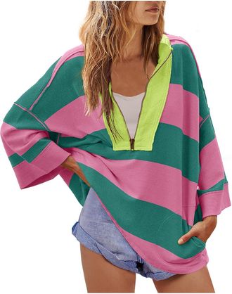 Generic Women Striped V Neck Sweatshirt Casual Loose Fit Long Sleeve Pullover Lightweight Color Block Drop Shoulder Top Y2K Clothes Teen Girls Going Out Tops,