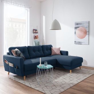 Mørteens home24 Mørteens Ecksofa Sola 2-Sitzer Jeansblau Flachgewebe 225x86x147 cm mit Schlaffunktion und Bettkasten
