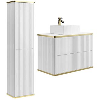 Vente-Unique Mobile bagno sospeso con scanalature con lavabo dappoggio quadrato e colonna - Bianco - 80 cm - KELIZA