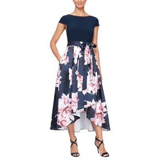 S.L. Fashions Womens Stretch Jersey Cap Sleeve Floral Hi-lo Dress with Tie Belt Special Occasion, Navy Light Pink, 16/Petite