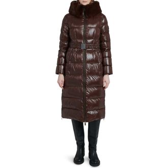 The Recycled Planet Lexi Water Resistant Hooded Nylon Down Puffer Coat with Faux Fur Trim in Dark Coffee at Nordstrom, Size X-Small