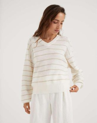 Brunello Cucinelli Off White Striped Sweater, Size Medium