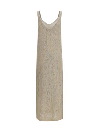 Brunello Cucinelli Womens Dazzling Water Lillies Dress Beige Linen; Cotton