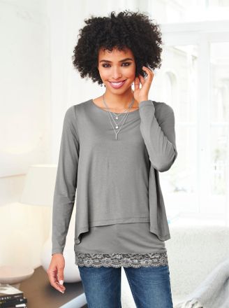 Heine 2-in-1-Langarmshirt HEINE Shirt 2 in 1, Damen, Gr. 34, grau, 95% Viskose, 5% Elasthan, unifarben, Rundhals, Shirts 2-in-1-Langarmshirt