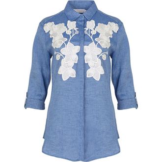 Anne Fontaine Womens Shirt Citron Blue Linen Shirt With White Floral Applique in Denim Blue at Nordstrom, Size 38 Eu