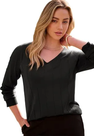 Roaman's Plus Size Drop Needle V Neck Lightweight Sweater Knit in Black at Nordstrom, Size Medium