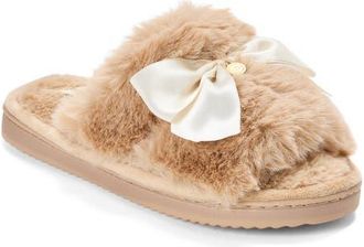 Dearfoams Bianca Pile Slide Slipper with Bow in Latte at Nordstrom, Size X-Large