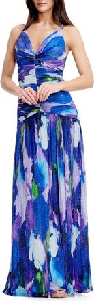 Dress The Population Elora Metallic Floral Gown in Electric Blue Multi at Nordstrom, Size Xx-Small