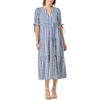 English Factory Checkered Tiered Midi Dress in Navy at Nordstrom Rack, Size Medium