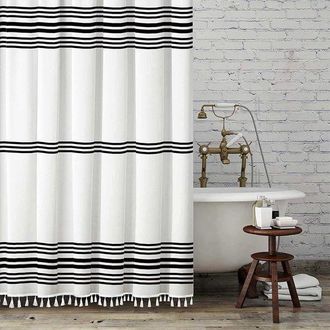 OEM Cortina De Ducha Blanca Y Negra Con Borlas, Tela Estilo R&uacute;stico Para El Ba&ntilde;o, Gruesa, 72 X 72 Pulgadas