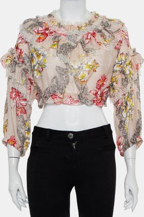 Alberta Ferretti Di Lorenzo Serafini Pink Floral Printed Cotton Ruffled Crop Top