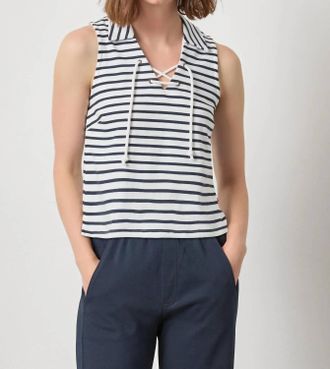 Lilla P Striped Sleeveless Collared Top In Navy Stripe