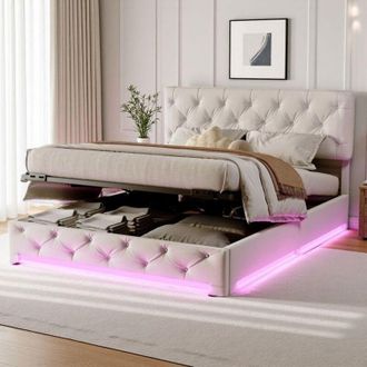 OEM Cama Doble 140x200 - Cofre Hidr&aacute;ulico - Led Rgbw - Cabezal Ajustable - Dise&ntilde;o Contempor&aacute;neo