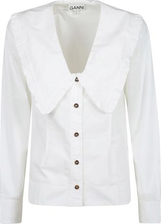 Ganni V-hals Blouse met Ruchekraag - Dames - Overhemden - Wit - L - Katoen - Overhemden