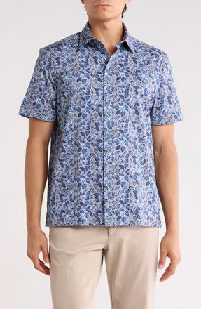 Bugatchi Leaf Short Sleeve Stretch Cotton Button-Up Shirt in Night Blue at Nordstrom Rack, Size Xxx-Large