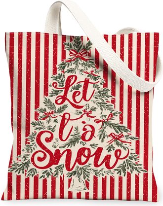 Generic Christmas Tree Canvas Tote Bags, Holiday Striped Pattern Reusable Grocery Bags, Vintage Festive Lightweight Washable Shoulder Strap Canvas for Travel 