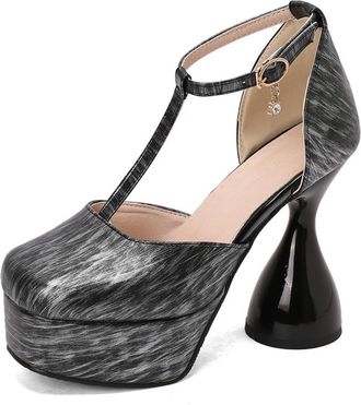 Generic Womens Platform Flared Heel T-Strap Ankle Strap Pumps Square Toe Marbled Pattern Adjustable Buckle Crystal Charm Smooth Upper Soft Insole Non-Slip Sho