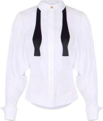 Elisabetta Franchi Overhemden, Dames, Wit, S, Katoen, Katoenen Voile Blouse met Satijnen Strik