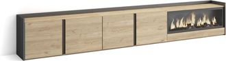 Skraut Home Skraut Home - Mueble Tv, Televisi&oacute;n, Muebles De Sal&oacute;n, Almacenaje, 315x35x50cm, Para Tv Hasta 80, Chimenea El&eacute;ctrica Xxl, Estilo Moderno, Roble Y Negr
