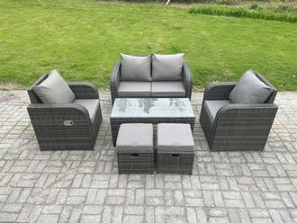 Fimous Outdoor Garden Furniture Sets 6 Seater Wicker Rattan Furniture Sofa Sets with Rectangular Coffee Table Reclining Chair in Dark Grey