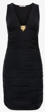 Roberto Cavalli Ruched Mini Dress with Gold Emblem, Brand Size 44 ( US Size 10 )