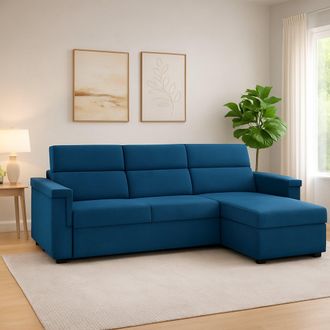 Dmora Sof&aacute; Fijo Con Chaise Longue Cintano, Desenfundable, Reversible, Made In Italy, Repelente Al Agua, Multiposici&oacute;n, 285x160 Cm Azul