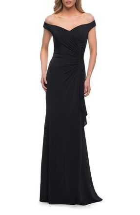 La Femme Off the Shoulder Ruched Jersey Gown in Black at Nordstrom, Size 20