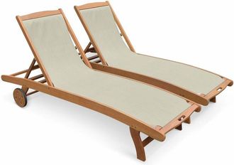 Sweeek Pair of wooden and textilene sun loungers, Marbella, Taupe Grey, 196x68x91 cm
