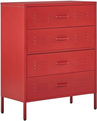 Beliani Beliani - Metal 4 Drawer Chest Steel Storage Cabinet Industrial Style Red Enago