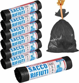Trade Shop Trade Shop - 7 X Rotoli Sacchetti Buste Spazzatura 40lt 55x65cm Chiusura Laccetto Nero 105pz
