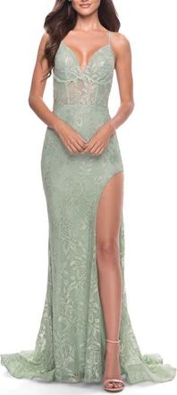 La Femme Rhinestone Lace Embellished Prom Dress with High Side Slit in Sage at Nordstrom, Size 10