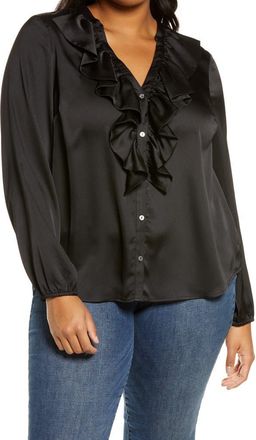1.State Ruffle Neck Button-Front Blouse in Rich Black at Nordstrom, Size 1X