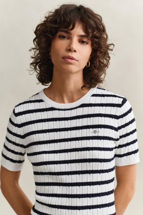 GANT Kurzarmpullover GANT STRETCH COTTON CABLE STRIPE SS, Damen, Gr. XXL, eggshell, Strick, Obermaterial: 88% Baumwolle, 10% Polyamid, 2% Elasthan, slim fi