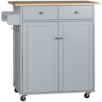 HOMCOM Rolling Kitchen Island - Utility Serving Cart with Rubber Wood Top Grey | TJ Hughes