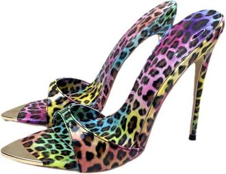 Generic Purple,9.5 UK,Womens Leopard Printed Pumps Pointed Open Toe Stiletto High Heels Slip On Backless Slides Summer Formal Wedding Party Dress Sandals Shoe