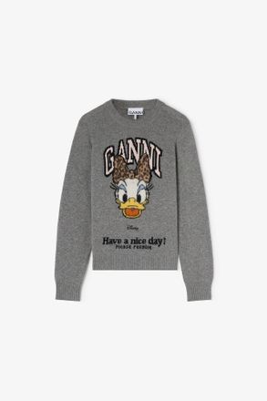 Ganni Grey Daisy Duck Graphic Wool Jumper