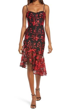 Dress The Population Cantrelle Asymmetrical Hem Cocktail Dress in Lipstick Red Multi at Nordstrom, Size Large