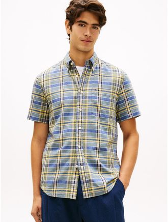 Tommy Hilfiger Mens Regular Fit Plaid Linen-Blend Shirt - Blue - XXL