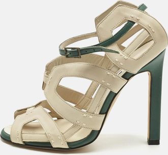 Manolo Blahnik White/green Leather Strappy Ankle Strap Sandals