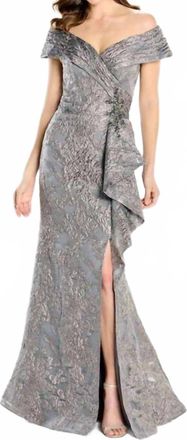 Montage by Mon Cheri Front Slit Off The Shoulder Dress In Taupe